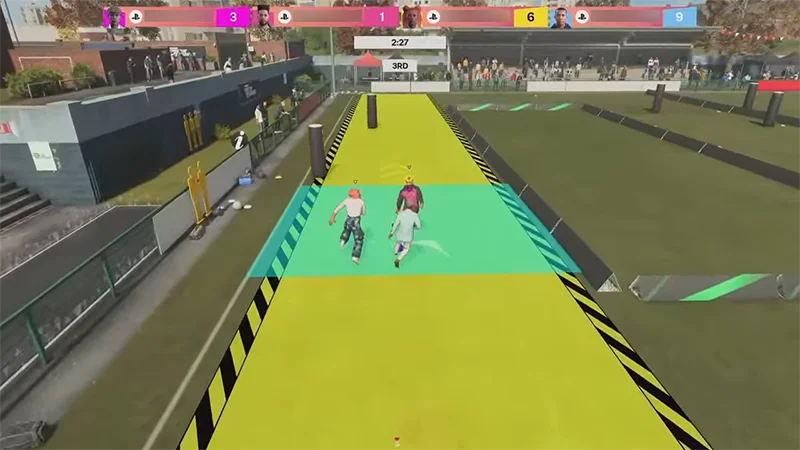 Players race across a colorful obstacle course in The Big Race, competing to reach the finish line first.