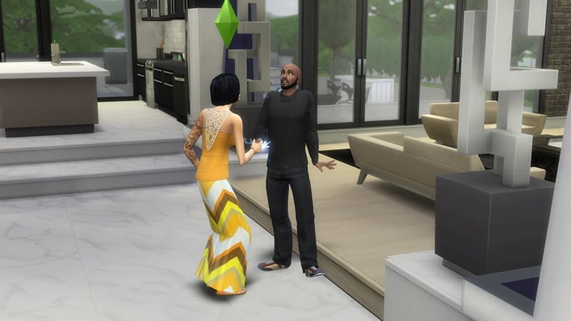 A Sim wearing a yellow outfit pranks another Sim dressed all in black by shocking him with an electric hand buzzer.