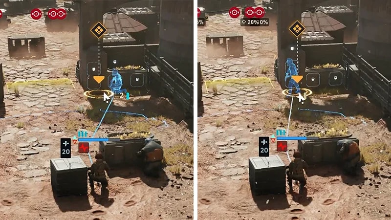 A character moves between cover positions, with movement paths and cover indicators shown.
