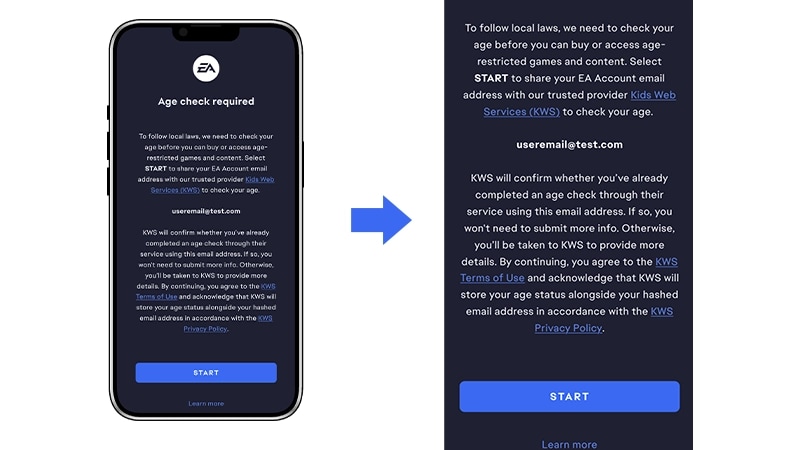 Age assurance announcement page in-game on mobile device