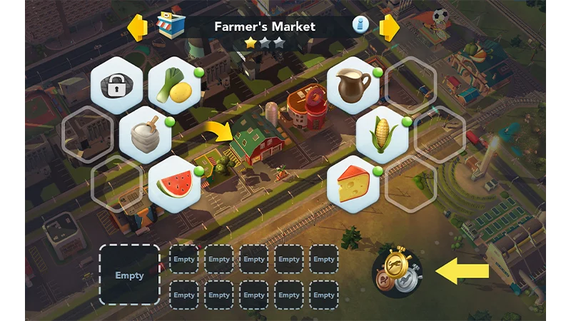 Shop crafting screen showing where to tap to open Speed-Up Token inventory and activate tokens.