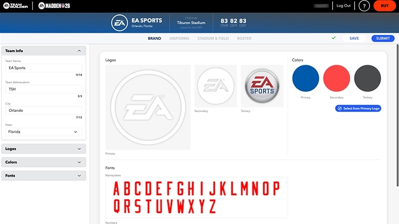 หน้าจอไซต์ Madden NFL 26 Team Builder ที่เลือกแท็บ Brand ไว้และกำลังแสดงตัวเลือกการปรับแต่ง เช่น โลโก้, สี, แบบอักษร