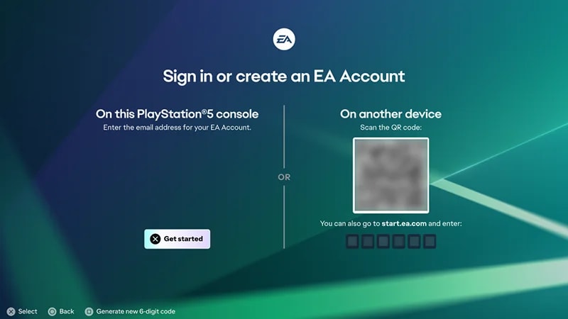 The EA Account in-game sign-in screen.