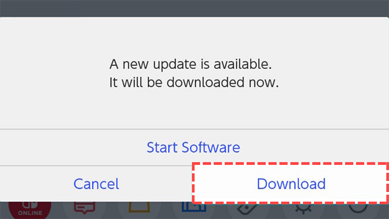 Pop-up asks player to download update, with a coral-dotted line around the Download button.
