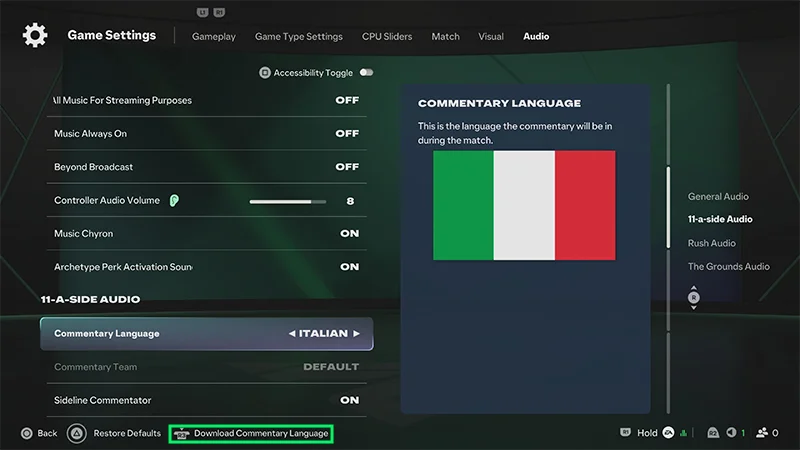 An example of the Game Settings Audio menu.