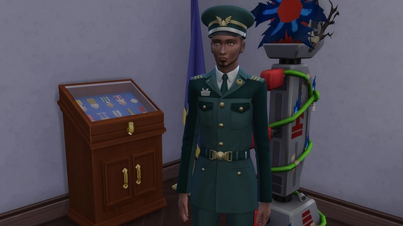 A Sim, wearing a green military uniform with a hat, stands to attention in front of a wooden medal display case.