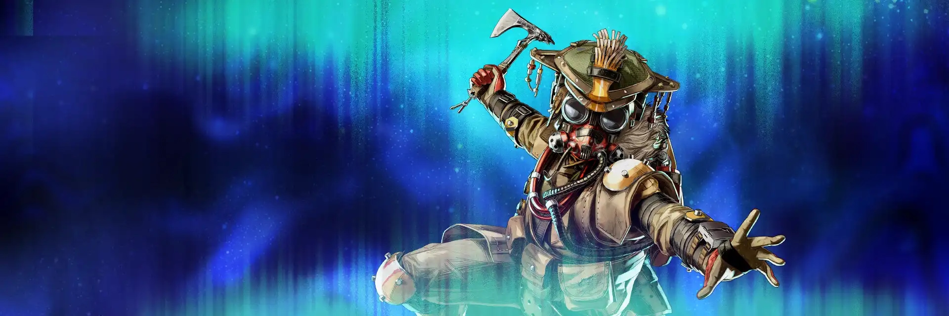 Bloodhound reaches forward while holding an axe against a glowing blue background.