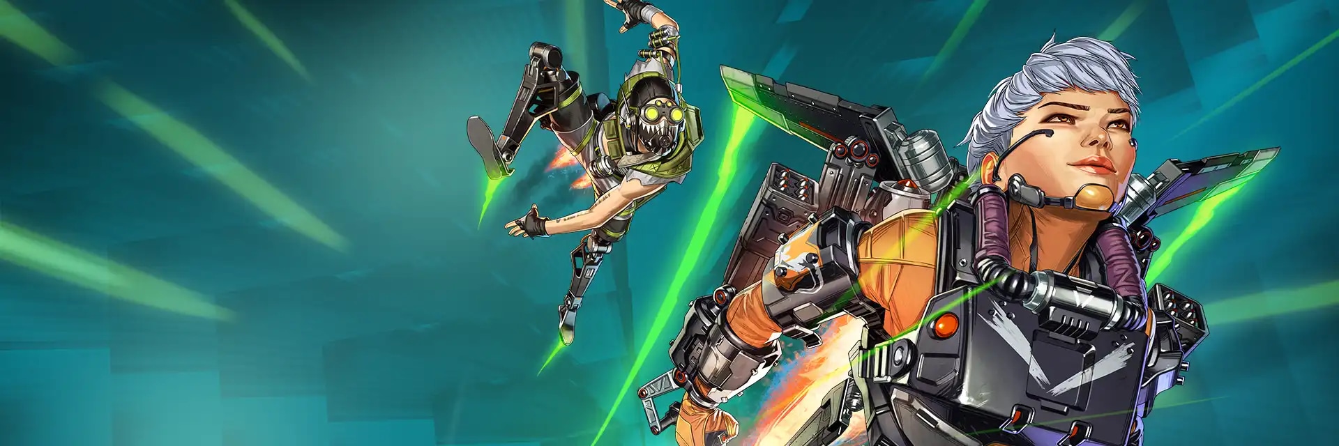 Octane y Valkyrie vuelan por los aires sobre un fondo azulado.