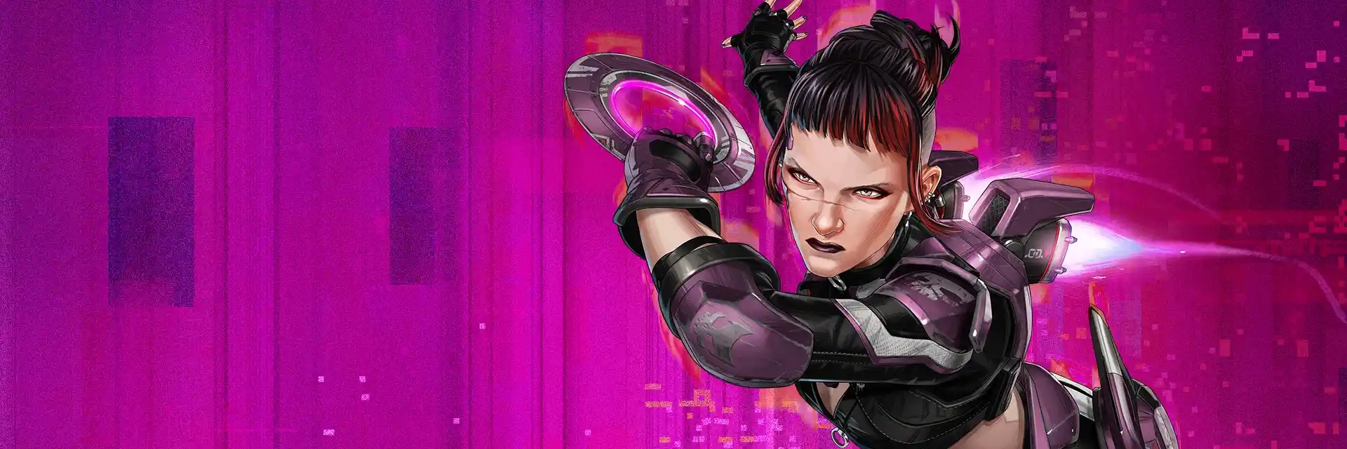 Axle in black armor mid-action, throwing a glowing disc weapon against a bright pink background.