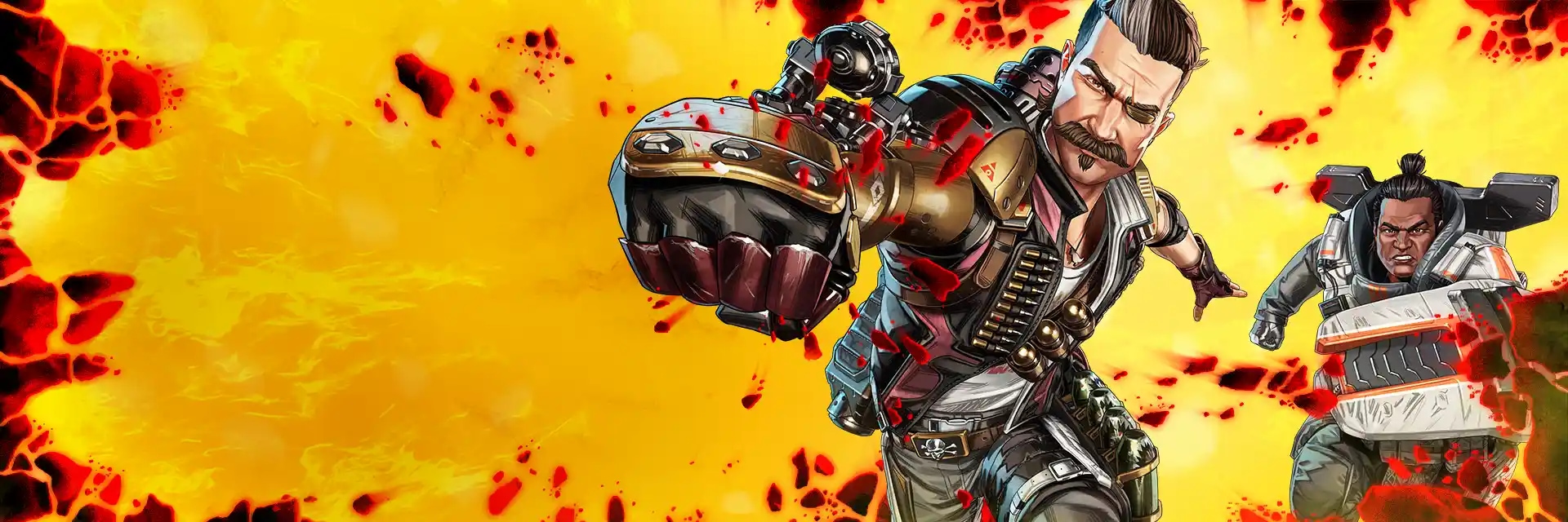 Two Legends charge forward through a fiery explosion, ready for battle.