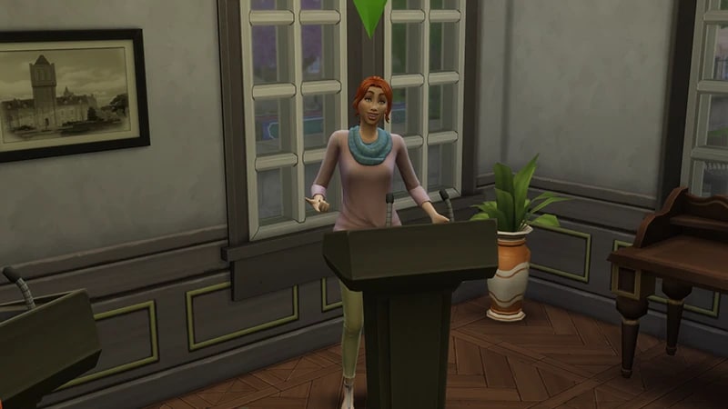 A red-haired Sim stands behind a wooden podium in The Sims 4, practicing her debating skills.