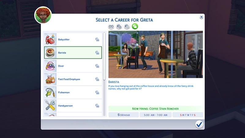 A menu for choosing a career in The Sims 4 highlights the Barista career showing the hourly rate, and working days/times.