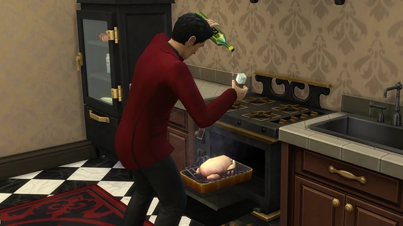 Kırmızı ceketli bir Sim, açık bir fırının önünde dururken hindiyi yağ ve tuzla baharatlıyor.