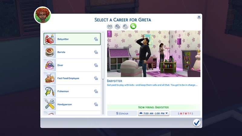 A menu for choosing a career in The Sims 4 highlights the Babysitter career showing the hourly rate, and working days/times.