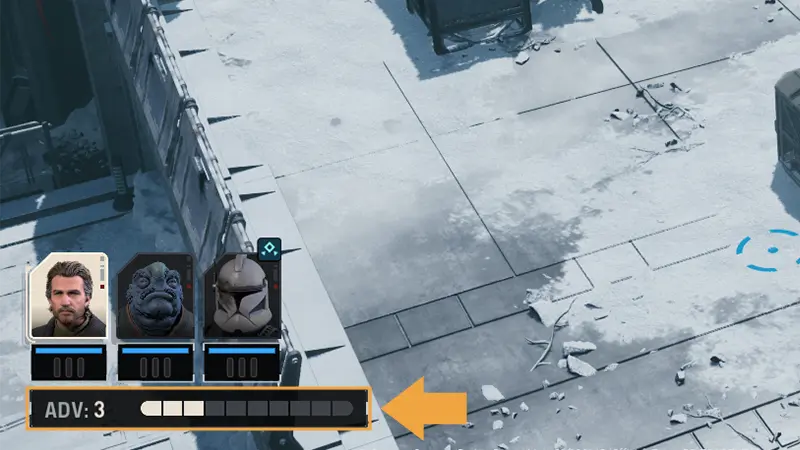 Three squad portraits with an advantage meter showing ADV: 3 and an arrow highlighting the meter.