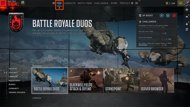 علامة تبويب اللعب الموجودة في الجزء العلوي من الشاشة في Battlefield 6 مميّزة باللون الأحمر.