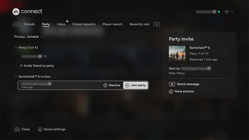 Écran noir montrant le menu et les options de groupe d'EA Connect.