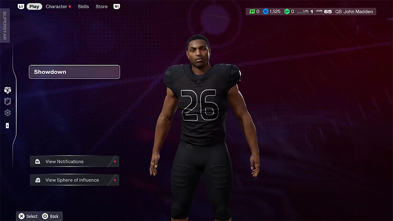 Pantalla de Superstar de Madden NFL 26 con un jugador creado con un uniforme negro y la opción Showdown seleccionada.