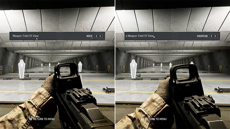 《戰地風雲 6》的射擊場，顯示玩家在廣角和窄角模式下瞄準的差異。