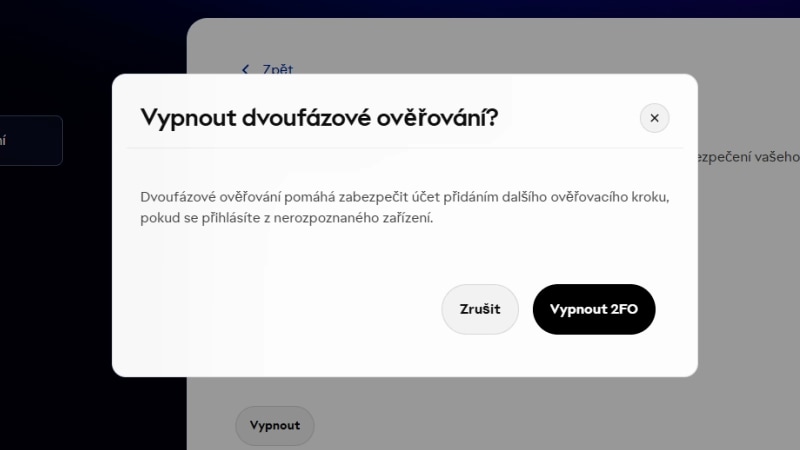 Potvrzovací výzva s dotazem na uživatele/uživatelku, zda chce vypnout dvoufázové ověřování.