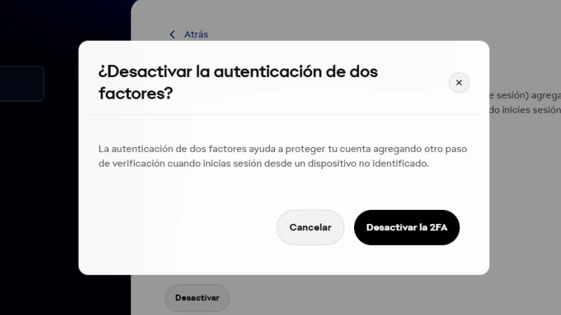 Un mensaje de confirmación en el que se le pregunta a la persona si desea desactivar la autenticación de dos factores.