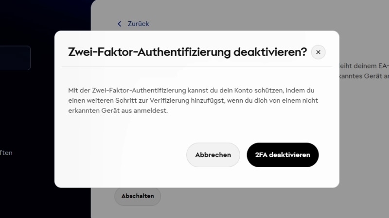Ein:e Benutzer:in wird über ein Textfenster gefragt, ob die zweistufige Authentifizierung deaktiviert werden soll.
