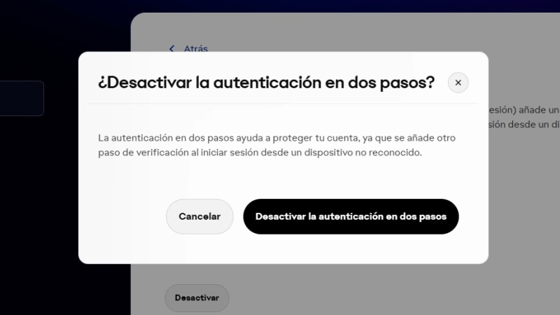 Un mensaje de confirmación que te pregunta si quieres desactivar la autenticación en dos pasos.