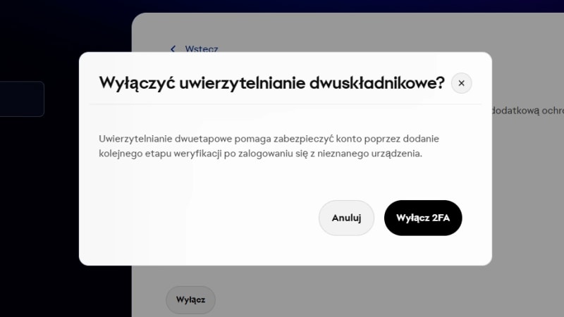 Komunikat potwierdzenia z pytaniem, czy użytkownik chce wyłączyć uwierzytelnianie dwuskładnikowe.