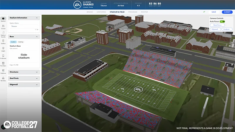 A stadium being customized. The Stadium tab is selected on the left, and the stadium is visible on the right.
