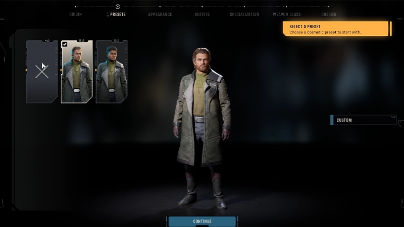 Hawks is being customized in-game. The presets screen is open, with Select a Preset visible on the right.