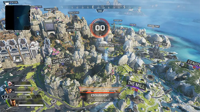 A player dropping into the Storm Point map in Apex Legends.