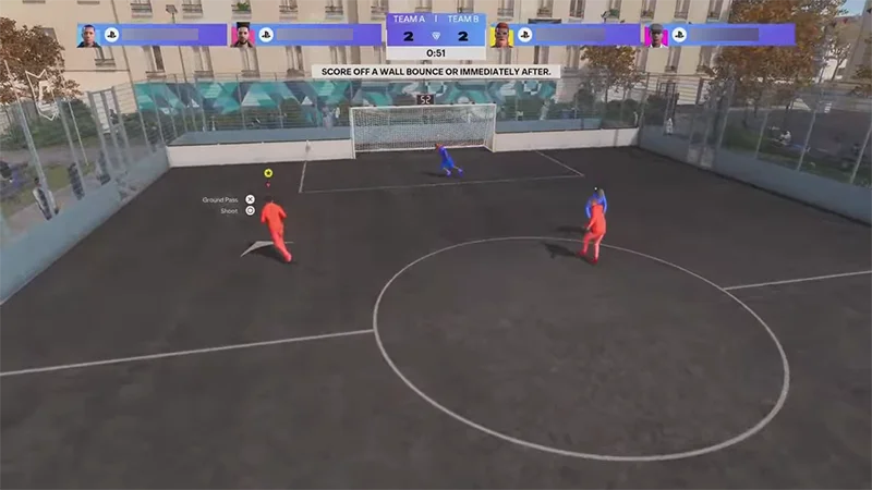 Players compete in Scenarios, aiming to score off a wall bounce or immediately after on a small-sided pitch.