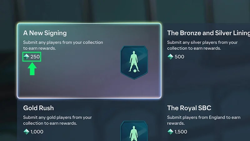 Simplified SBC screen for A New Signing with a green arrow pointing to the 250 Item Score requirement.