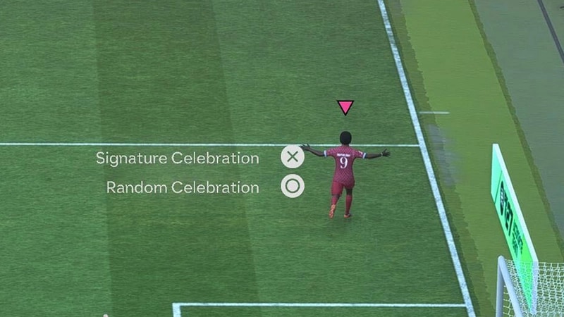 EA SPORTS FC player celebrating on the pitch with Signature Celebration and Random Celebration controls shown.