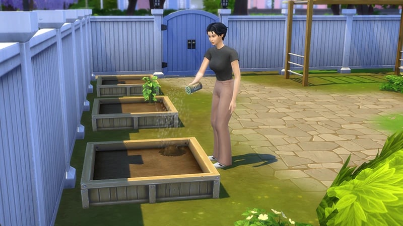 A Sim wearing a black t-shirt with short black hair sprinkles fertilizer on a mound of dirt in a planter outside in a garden.