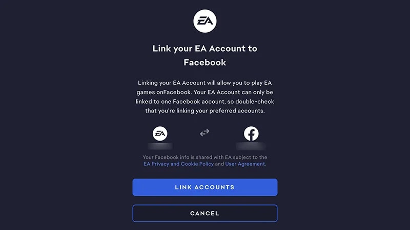 Facebook EA Account linking page. 