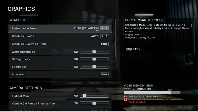 《戰地風雲 6》畫面選單，顯示效能預設組態和畫面品質等功能。