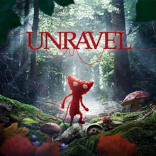 작은 빨간색 실 인물인 Yarny가 햇빛이 쏟아지는 이끼 낀 숲에 서 있으며 위에는 Unravel 로고가 보입니다.