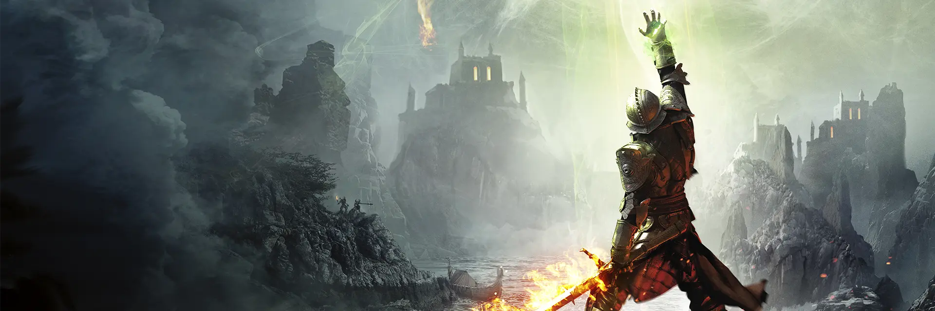 The Inquisitor raises a glowing beam toward a towering dragon.