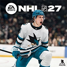 Macklin Celebrini wears a white San Jose Sharks jersey, shouting in celebration on the ice.