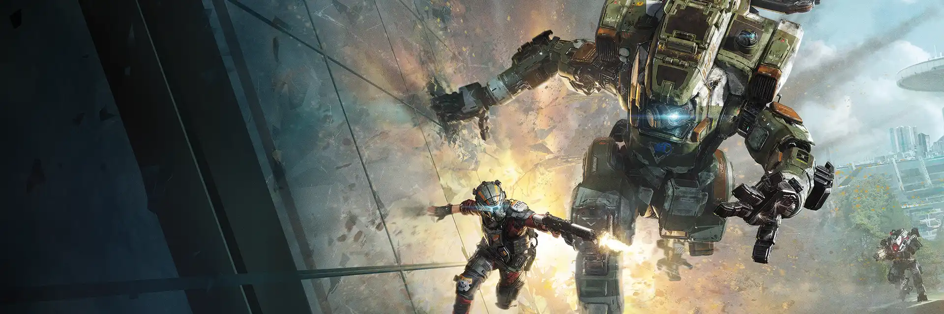 A pilot and Titan charge through an explosion during a battle in a futuristic city.