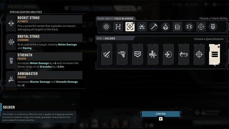 Soldier is selected under Choose a Specialization. Its Specialization Abilities are listed on the left.