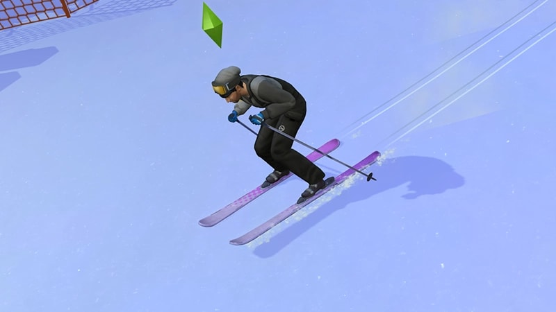 A Sim wearing a black and gray snowsuit speeds down a hill holding ski poles and standing on purple skis.