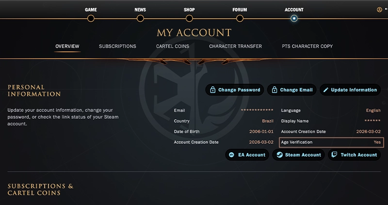 The My Account screen shows Yes next to Age Verification in the bottom-right.