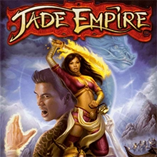 산악 배경을 뒤로 한 액션 포즈의 두 무술가 위에 Jade Empire 로고가 있습니다.