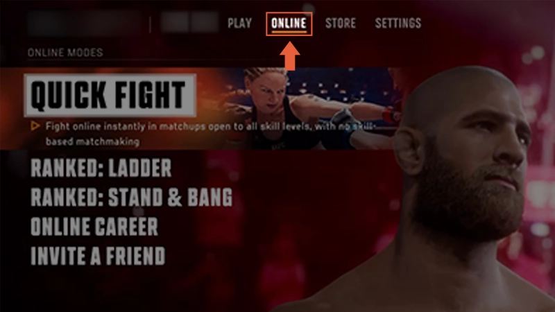 オレンジ色の矢印が「UFC 6」のメインメニューの上部バーにある、オンラインタブを指している。