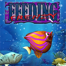물속을 헤엄치는 세 마리의 다채로운 물고기 위에 Feeding Frenzy 로고가 떠 있습니다.