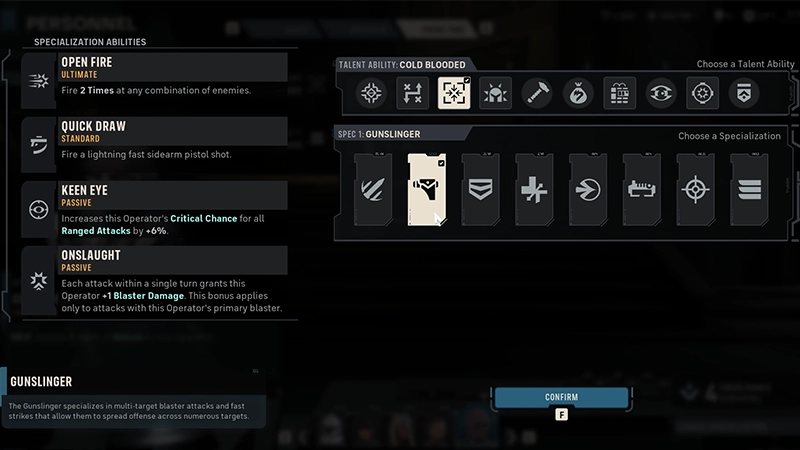 Gunslinger is selected under Choose a Specialization. Its Specialization Abilities are listed on the left.