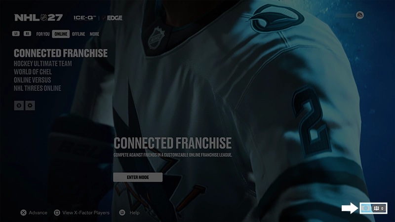 NHL 27 main menu with the EA Connect option highlighted in the bottom right corner of the screen by a white box and arrow.
