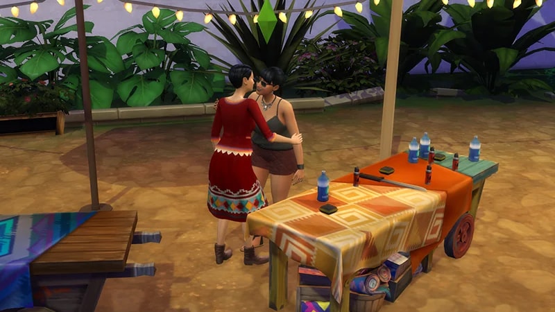 Two Sims stand in the market square in Selvadorada, saying hello with the special Selvadoradian greeting.